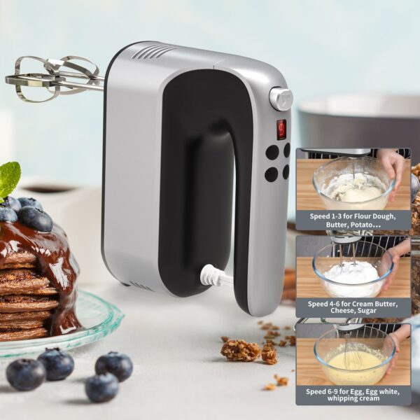 Yomelo 9-Speed Digital Hand Mixer Electric, 400W Powerful DC Motor Low Noise, Baking Mixer Handheld with Snap-On Storage Case, 5x Stainless Steel Accessories, Flat Beaters, Dough Hooks, Whisk