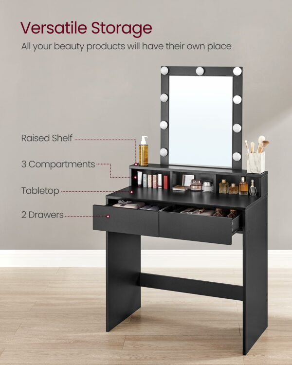 VASAGLE Dressing Table, LED Lights with Adjustable Brightness, Vanity Table with Mirror, 2 Drawers and 3 Compartments, Makeup Table, Modern, Simply Black RDT194B01