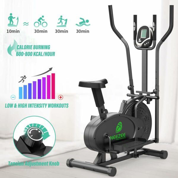 Elliptical Cross Trainer, Neezee 2 in 1 Cross Trainer Exercise Bike with Pulse Sensor, LCD Monitor and Adjustable Seat