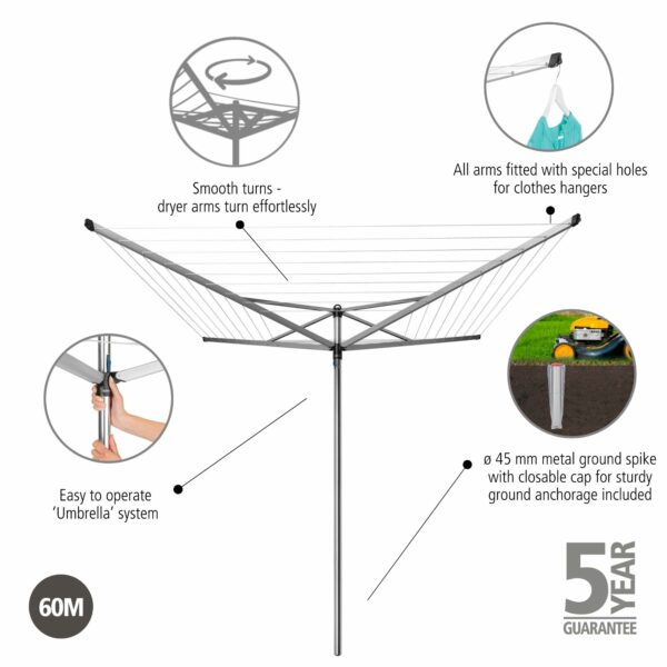 Brabantia Topspinner Large Rotary Washing Line with Metal Ground Spike, Metallic Grey, 60 M, 45 mm