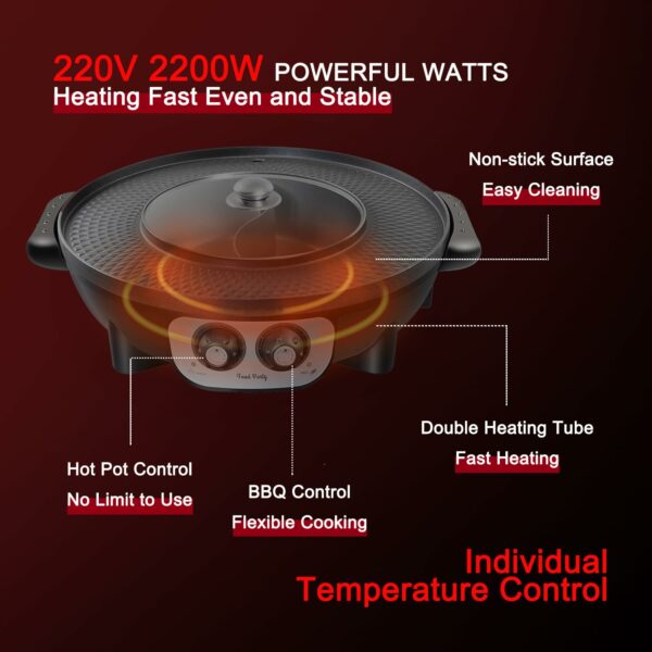 Food Party Hot Pot Electric with BBQ Grill Hotpot Chinese Pot Cooker 220V 2200W Korean Barbecue Thai ShabuShabu 2 in 1 Set