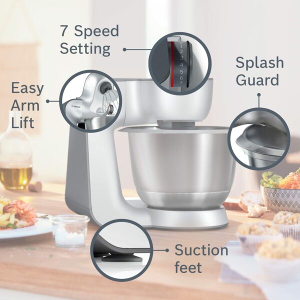 Bosch CreationLine 7 in 1 Stand Mixer MUM58259 with 11 accessories, 7 Speeds, dough hook, whisk, beater, blender, juicer, mincer, shredder, 1000W, AMAZON EXCLUSIVE - White/Silver