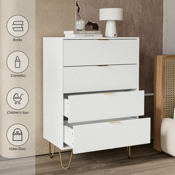 HEYZOEY Chest of Drawers, Wood 4 Drawers Cabinet Storage Organiser, Tall High Gloss Drawer Dresser with Gold Metal Legs for Bedroom, Living Room, Closet, Hallway, White