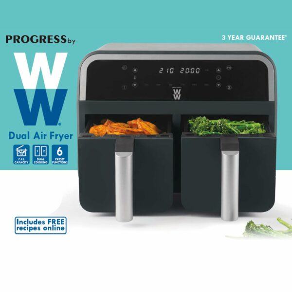 PROGRESS by WW EK5315WW 7.4 L Dual Air Fryer, Family Sized, Healthier Cooking, Digital LED Display, 6 Cooking Functions, Sync/Match Cook, Removable Non-Stick Trays, 2400 W