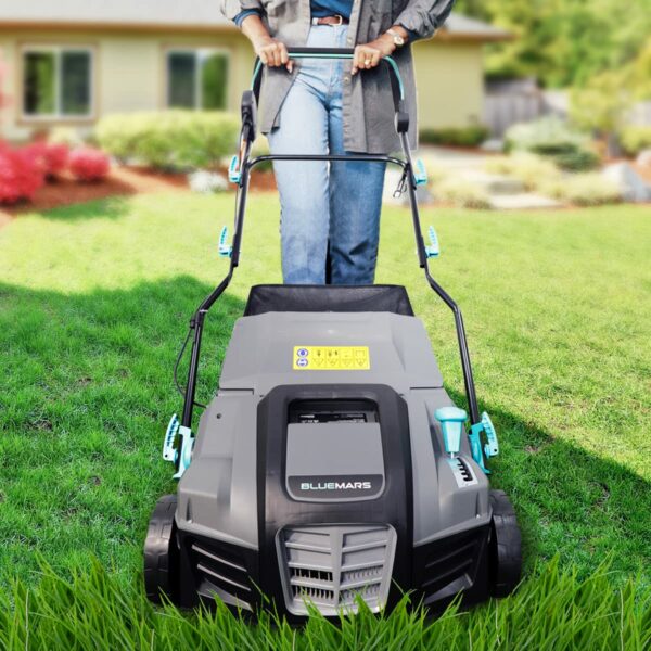 Bluemars Lawn Scarifier and Aerator,2000W Electric Lawn Rake with 40cm Working Width,5 Positions,55L Grass Box, Folding Handle,10M Power Cord