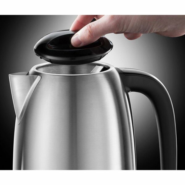 Russell Hobbs Brushed Stainless Steel & Black Electric 1.7L Cordless Kettle with black handle (Fast Boil 3KW, Removable washable anti-scale filter, Pull off lid, Perfect pour spout) 23910