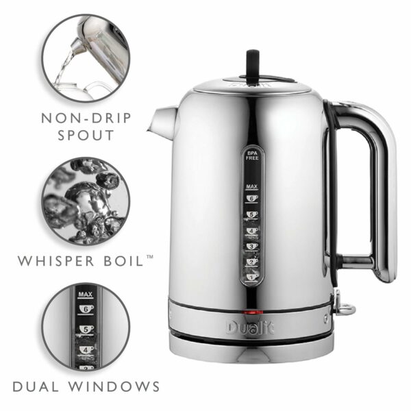 Dualit Classic Kettle | Polished Stainless Steel with Black Trim | Quiet boiling kettle | 90 Second Boil Time | 1.7 L Capacity, 2.3 kW | 72796
