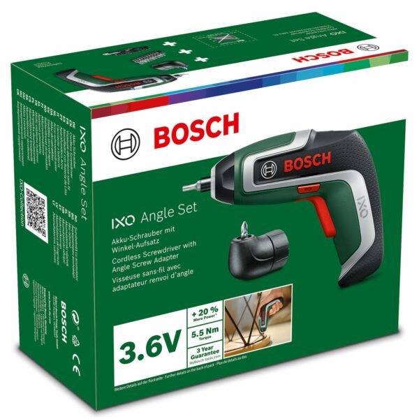 Bosch IXO Cordless Screwdriver (7th Generation, 3.6V, 2.0Ah, 5.5Nm, with Micro USB Cable, Includes Angle Attachment, Screws up to 190 Screws, in Box) - Amazon Edition