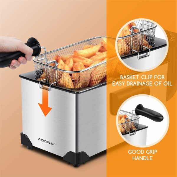 Aigostar Deep Fat Fryer 2200W, 3 Litre Deep Fryer Easy Clean, with Viewing Window, Stainless Steel, Temperature Control, Removable Oil Basket, Silver - Ushas 30JPN