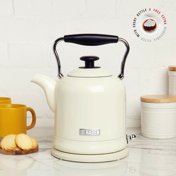 Haden Highclere Cream Kettle - 3000W Fast Boil Stainless Steel Cordless, 360 Base, Cup Markings - 1.7L Retro Design Perfect for Any Kitchen