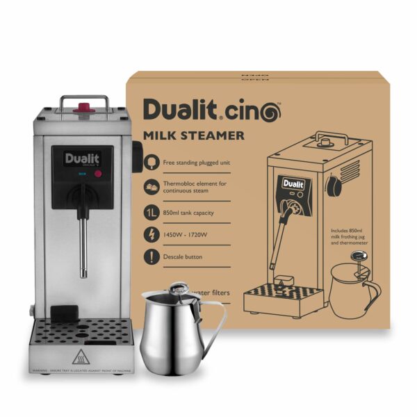 Dualit Cino Milk Steamer | 850ml Capacity | 1450W | Brushed Stainless Steel | Portable and Compact | Milk Jug & Thermometer Included | 84850