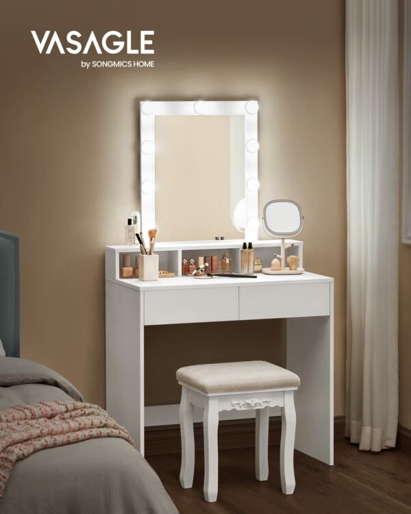 VASAGLE Dressing Table, LED Lights with Adjustable Brightness, Vanity Table with Mirror, 2 Drawers and 3 Compartments, Makeup Table, Modern, White RDT194T14
