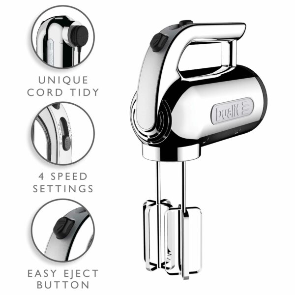 Dualit Hand Mixer Chrome - 400W - Strong Grip Handle - Attachments Included - Integral Plug Storage - 4 Speed Settings - Repairable gears - Flat Beaters, Dough Hooks, Balloon Whisk