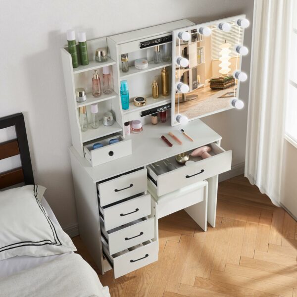 Guanglai Vanity Desk with Mirror & Light, 3 Lighting Modes Adjustable Brightness,5 Drawers Makeup Table with Stool for Women Girls
