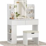 Devoko Dressing Table with Stool,Vanity Desk Set,Makeup Table with Adjustable Brightness LED Mirror,2 Drawers,4 Storage Shelves, 90 x 40 cm,Modern White