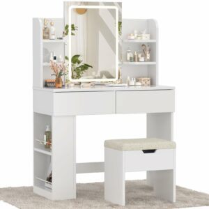 Devoko Dressing Table with Stool,Vanity Desk Set,Makeup Table with Adjustable Brightness LED Mirror,2 Drawers,4 Storage Shelves, 90 x 40 cm,Modern White