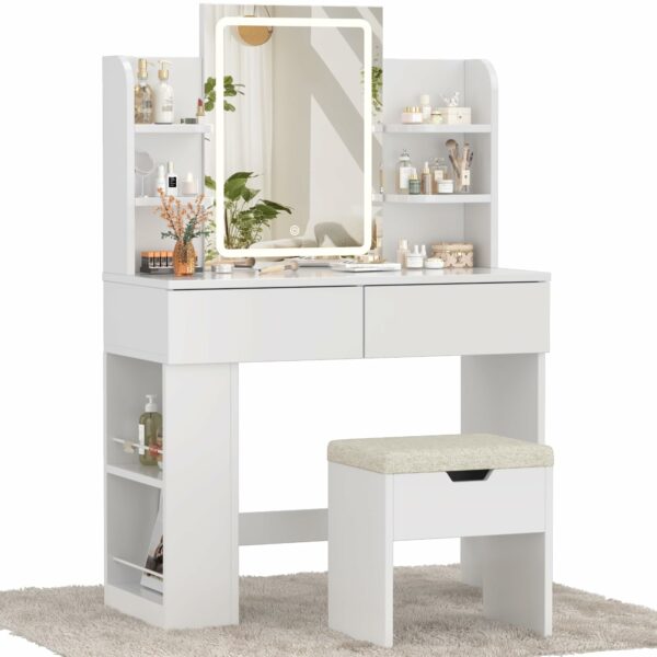 Devoko Dressing Table with Stool,Vanity Desk Set,Makeup Table with Adjustable Brightness LED Mirror,2 Drawers,4 Storage Shelves, 90 x 40 cm,Modern White