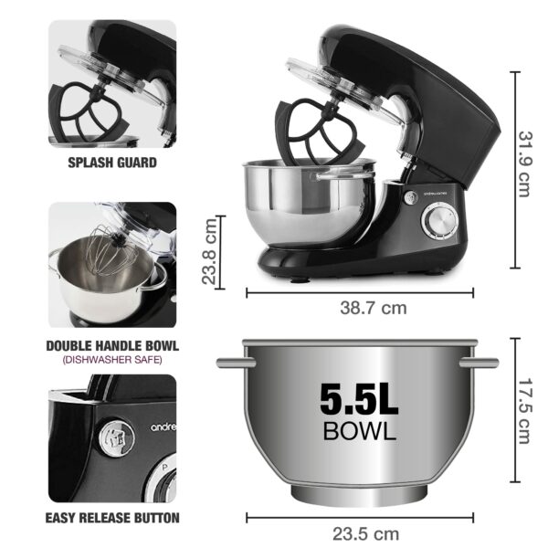 Andrew James Stand Mixer for Baking Food Mixer | 1300W Max | Large 5.5 Litre Bowl 6 Speed Pulse Mode | Kitchen Cake Mixers | Flexi-Beater Dough Hook Balloon Whisk Removable Splash Guard