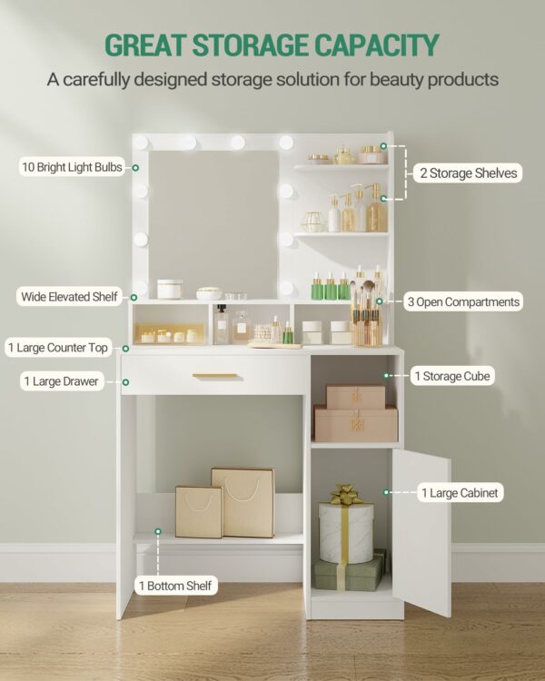 Hzuaneri Dressing Table with Mirror and 10 LED Lights,Vanity Table, Makeup Vanity with 3 Shelves & 4 Open Compartments, Large Drawer & Cabinet, Adjustable Lighting Brightness, White VT08103XUK