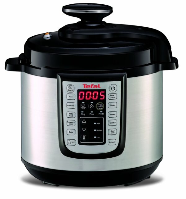 Tefal All-in-One 25-in-1 Electric Pressure Cooker, Multi Cooker, Slow Cooker, Steam, Reheat, Stew, Bake, Browning, 25 programs, Recipe Book Included, 6 Litres, Black/Stainless Steel, CY505E40