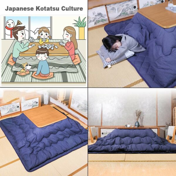 Japanese Kotatsu Table with Heater and Blanket, Comforter, Tatami Futon Coffee Tea Table Wood Square Large for Living Room, Blue