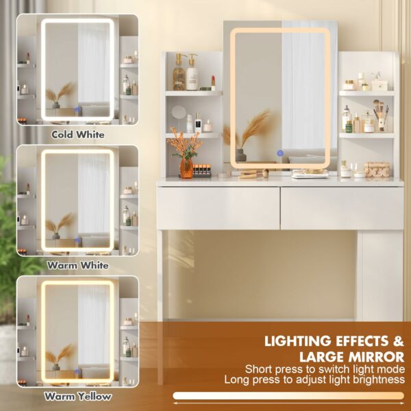 Devoko Dressing Table with LED Lighting Mirror,3 Light Colors,Adjustable Brightness,Vanity Table,Makeup Desk with 2 Drawers and 4 Storage Shelves, 90 x 40 x 135 cm, Modern White