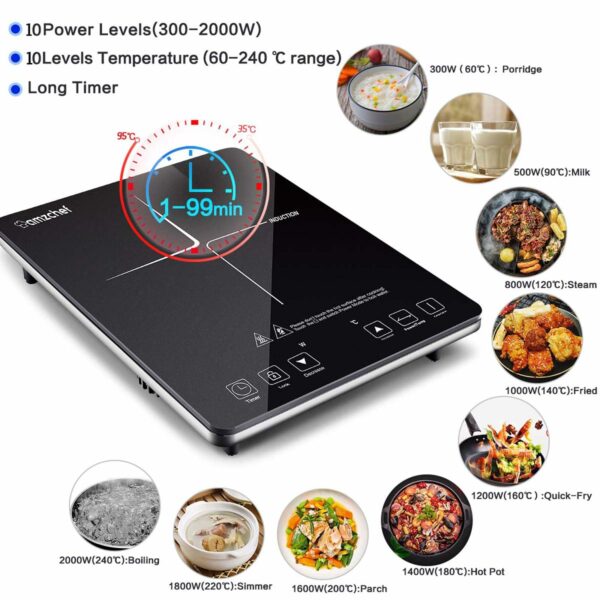 AMZCHEF Single Induction Cooker, Ultra-thin Induction Hob with Fashion Look, 10-level Power and Temperature Control, Black Frosted Glass Panel, Touch Sensor, 3-hour Timer, Safety Lock