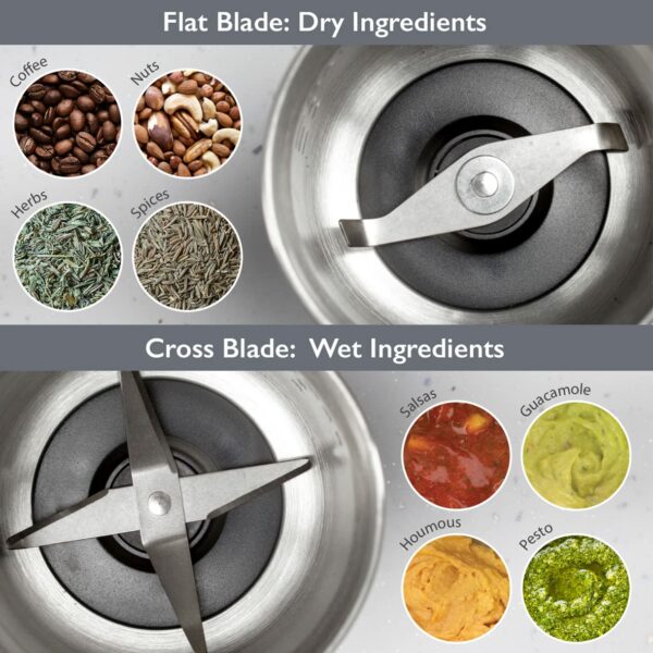 Quest 34170 Electric Wet and Dry Grinder / One Touch Operation / Coffee, Spices, Nuts, Fruit, Vegetables, Sauces, Salsa, Dips / 80g Capacity / 2 x Interchangeable Stainless Steel Blades