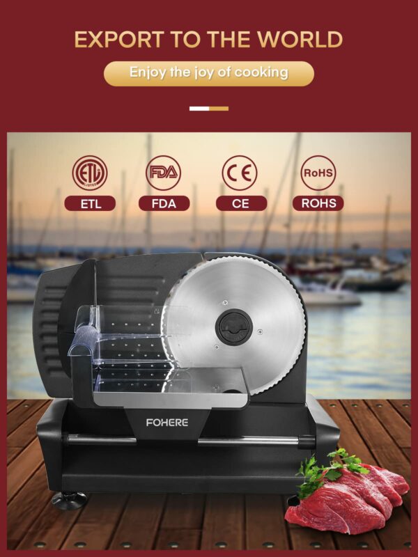 FOHERE Electric Meat Slicer Machine 200W for Home Use, with 2 Removable Stainless Steel Blade(Smooth/Serrated) and Food Pusher, Safety Switch, 0-15mm Thickness Adjustment, for Cheese, Bread