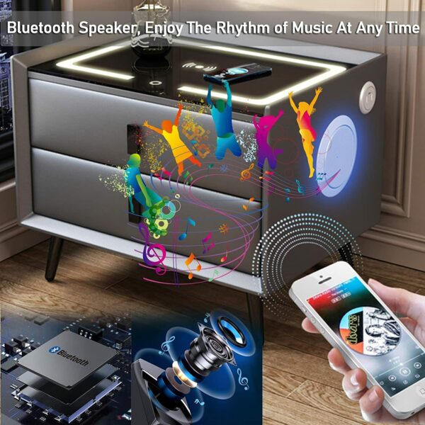 Baubuy Smart Nightstand Wireless Charging Station Bluetooth Speaker Fingerprint Lock 2 Drawers Bedside Table Modern Bedroom Bedside Locker