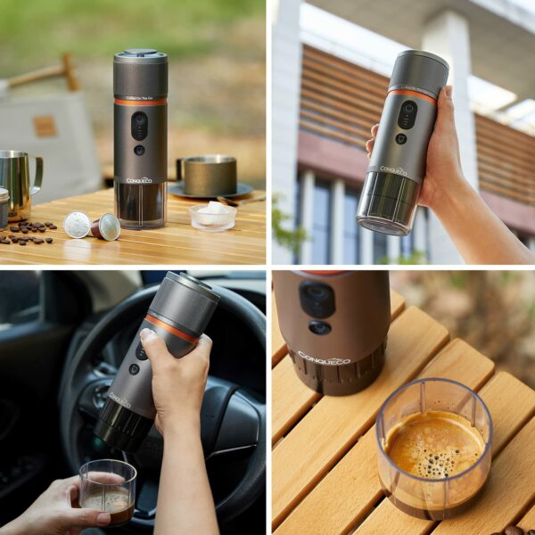CONQUECO Portable Espresso Machine Travel: 12v Car Coffee Maker with Battery for Camping - Small Electric - 2.5 Mins Heating - 8 Cups Espresso for One Charge
