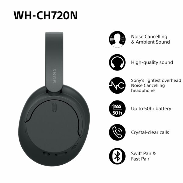 Sony WH-CH720N Wireless Bluetooth Noise Cancelling Over-Ear Headphones, Ambient Sound Mode, Lightweight Design, up to 50 hr battery life, iOS & Android - Black