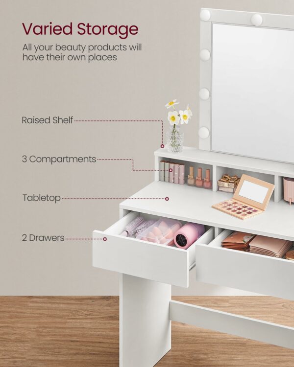 VASAGLE Dressing Table, LED Lights with Adjustable Brightness, Vanity Table with Mirror, 2 Drawers and 3 Compartments, Makeup Table, Modern, White RDT194T14