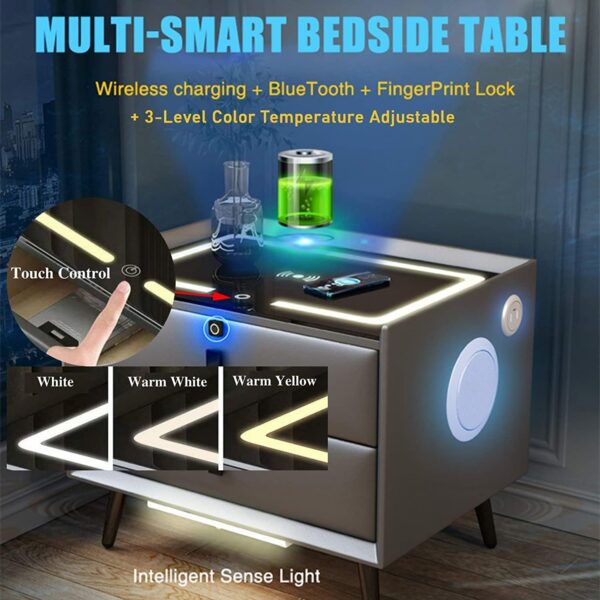 Baubuy Smart Nightstand Wireless Charging Station Bluetooth Speaker Fingerprint Lock 2 Drawers Bedside Table Modern Bedroom Bedside Locker