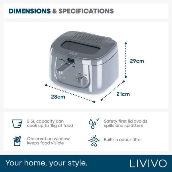 LIVIVO Electric 2.5L Deep Fat Countertop Fryer Non-Stick Coating, Internal Mesh Basket with Safety Handle and Viewing Window Easy Clean (White) (Grey)