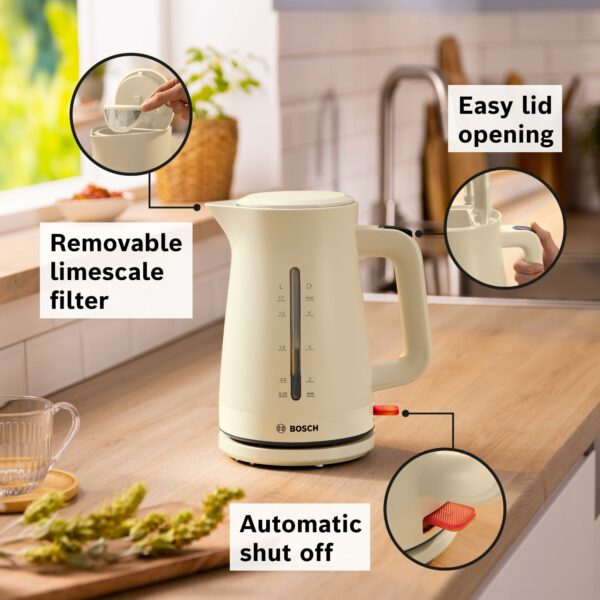 Bosch MyMoment Infuse TWK3M127GB Electric Kettle with 1.7 L Capacity and Fast Boil, Dual Sided Water Gauge, Limescale Filter, Cord Storage in Cream