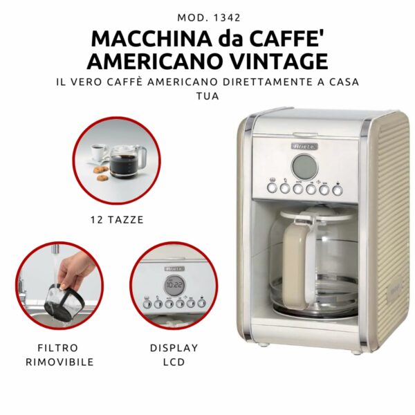 Ariete 1342 Filter Coffee Maker, Tempered Glass Coffee Pot, Capacity up to 12 Cups, 24-Hour Programmable Timer, Auto Power Off, 2000W, Cream