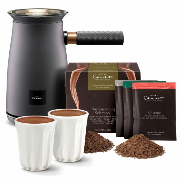 Hotel Chocolat Velvetiser - In-Home Hot Chocolate Machine - Barista-Grade Hot Chocolate Maker - Charcoal Edition - Complete Starter Kit - 2 Ceramic Podcups & 10 Single-Serve Sachets