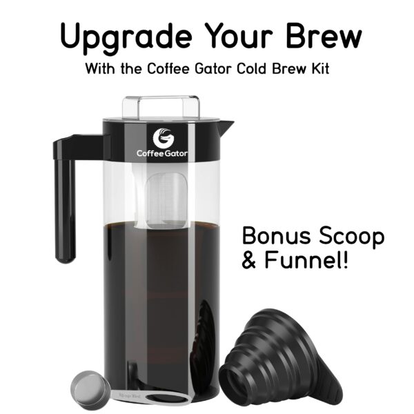 Coffee Gator Cold Brew Coffee Maker - 1.4L Iced Tea and Cold Brew Maker and Pitcher w/Glass Carafe, Filter, Funnel & Measuring Scoop - Grey