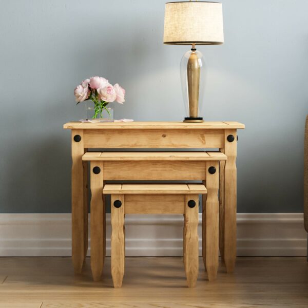 Nest Of Tables, End Table, Rectangular, Waxed Solid Pine Wood, Traditional, Rustic, 28.5 x 60 x 50