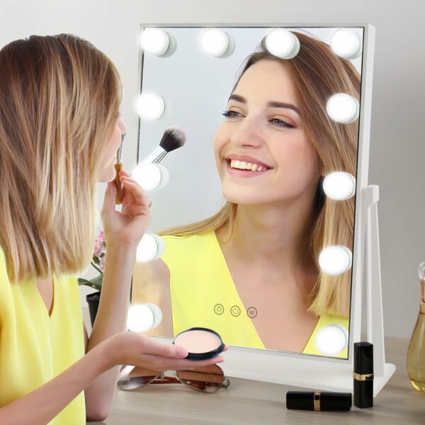 Hibtn Hollywood Vanity Mirror With Lights,Lighted Makeup Mirror With 12 Dimmable Led Bulbs With 3 Color Light,Touchscreen Control, Dressing Tabletop USB Charging