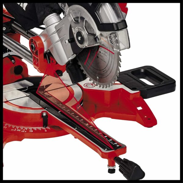 Einhell TC-SM 2131/1 Dual Bevel Sliding Mitre Saw | Double Bevel Circular Saw, 310mm Drag, Laser, Dust Extraction, +/-45° Mitre, +/-47° Bevel | Saw with 48T Blade for Cutting Wood, Plastic, Red