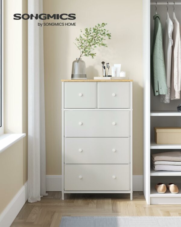 SONGMICS Chest of Drawers, Fabric 5-Drawer Storage Organiser Unit, Dresser, for Living Room, Hallway, Nursery, White and Oak LTS514W57
