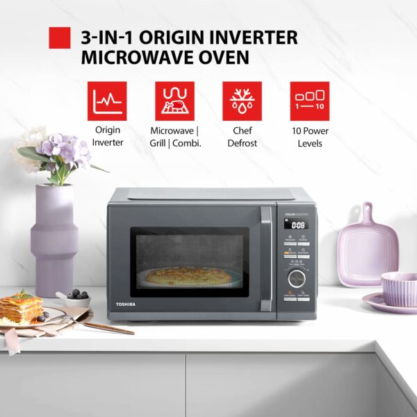 Toshiba 25L 3-in-1 900W Microwave Oven in a Stunning Sleek Morandi Grey Colour, With Origin Inverter, Chef Defrost, Microwave, Grill, Combi, 10 Power Levels, 7 Auto Menus, Easy Clean, MW3-AG25PFI(MG)