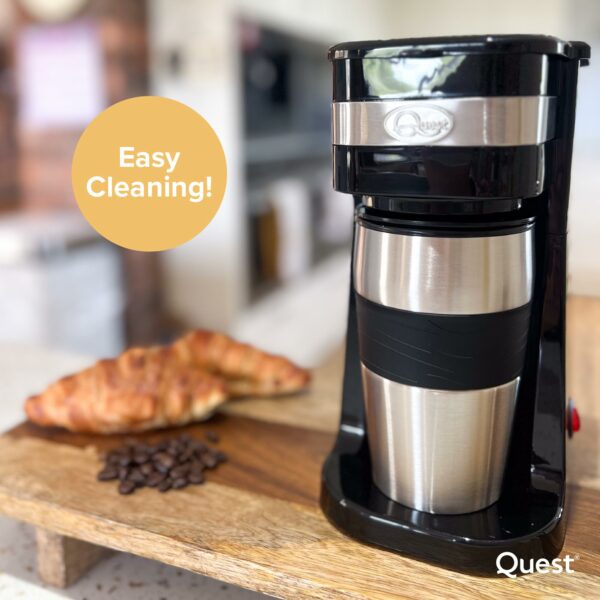 Quest 35189 Filter Coffee Machine/Portable Travel Filter Coffee Maker / 420ml Capacity/Thermal Travel Mug Included/Works with Ground Coffee & Coffee Pods/Instant Espresso & More
