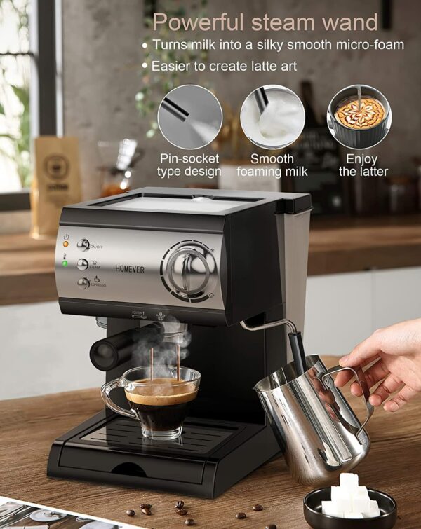 Homever Espresso coffee machine with milk steamer, Traditional 15 Bar High Power Coffee Maker Built in Italy Barista Pump, Ground Coffee Machines with 1.5L Water tank for Cappuccino, Latte, Macchiato