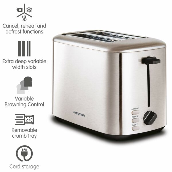 Morphy Richards Equip 2 Slice Toaster,?Defrost and Reheat, 7 Variable Browning Controls, Variable Wide Slots, Removeable Crumb Tray, Stainless Steel, Silver,222067
