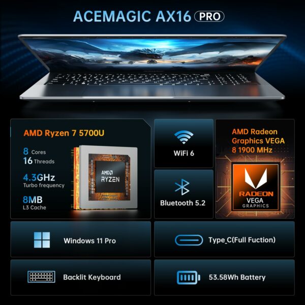 ACEMAGIC Newest Laptop Computer - 16.1'' FHD Display Laptop with AMD Ryzen 7 5700U Processor(beat i7-1265U), 16GB Ram DDR4x2 512GB SSD Notebook Computer with Backlit Keyboard, WiFi 6