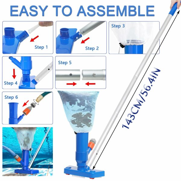 Pool Vacuum Cleaner Head with 4 Detachable Intensify Aluminum Pole, Brush and Leaf Bag, Swimming Pool Vacuum Cleaner