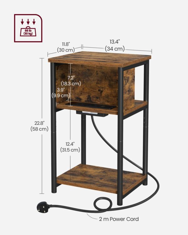 Vasagle Slim Side Table with Charging Station, Narrow Bedside Table with 2 AC Outlets 2 USB Outlets